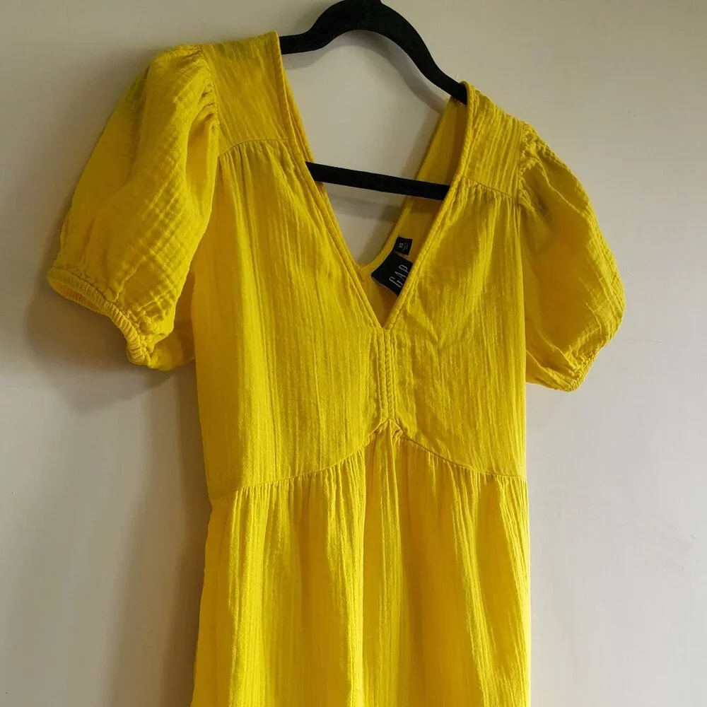 Brigth Yellow GAP crinkle gauze puff sleeved tiered mini dress size XS Festival - Picture 11 of 11
